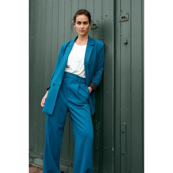 NWT KAFFE Kasolvej Teal Legion Blue High-Waisted Wide Pants - Picture 1 of 6